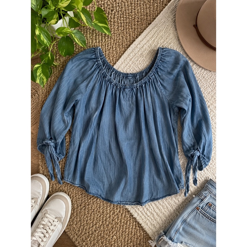 Thread & Supply Women Blue Lyocell Chambray Off Shoulder Tie Sleeve Top Small